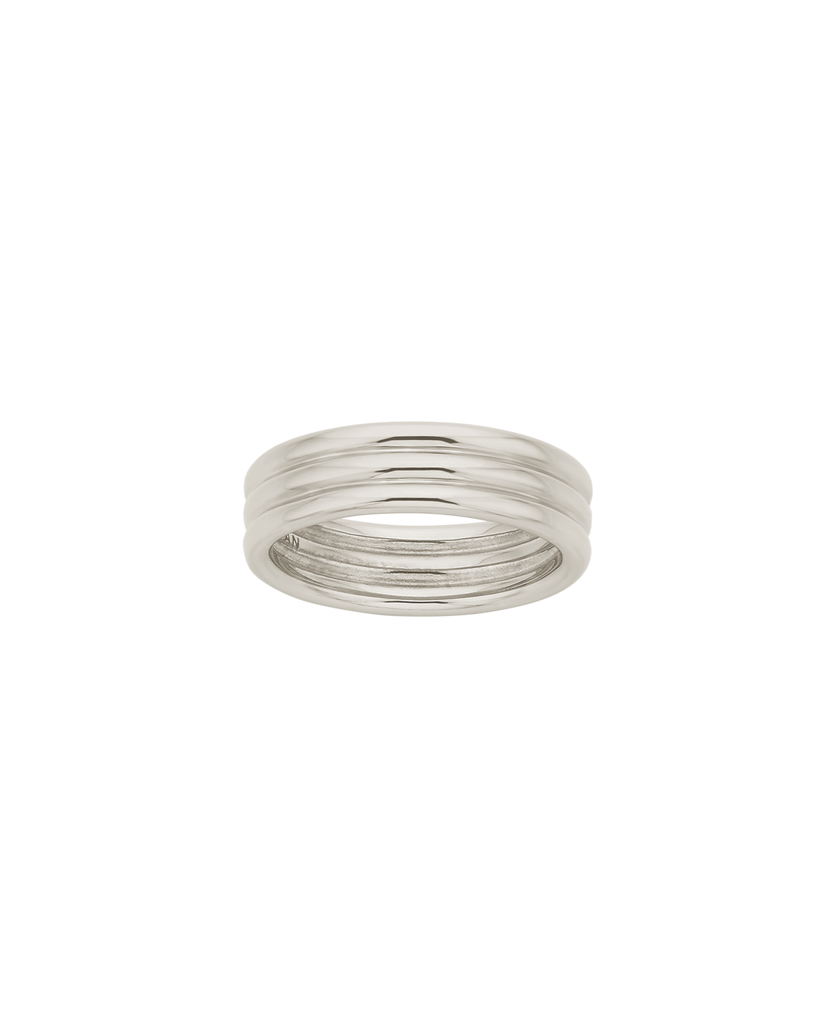 A clearcut of the silver Irma Stacker Ring, formed from three connected bands, layered closely.
