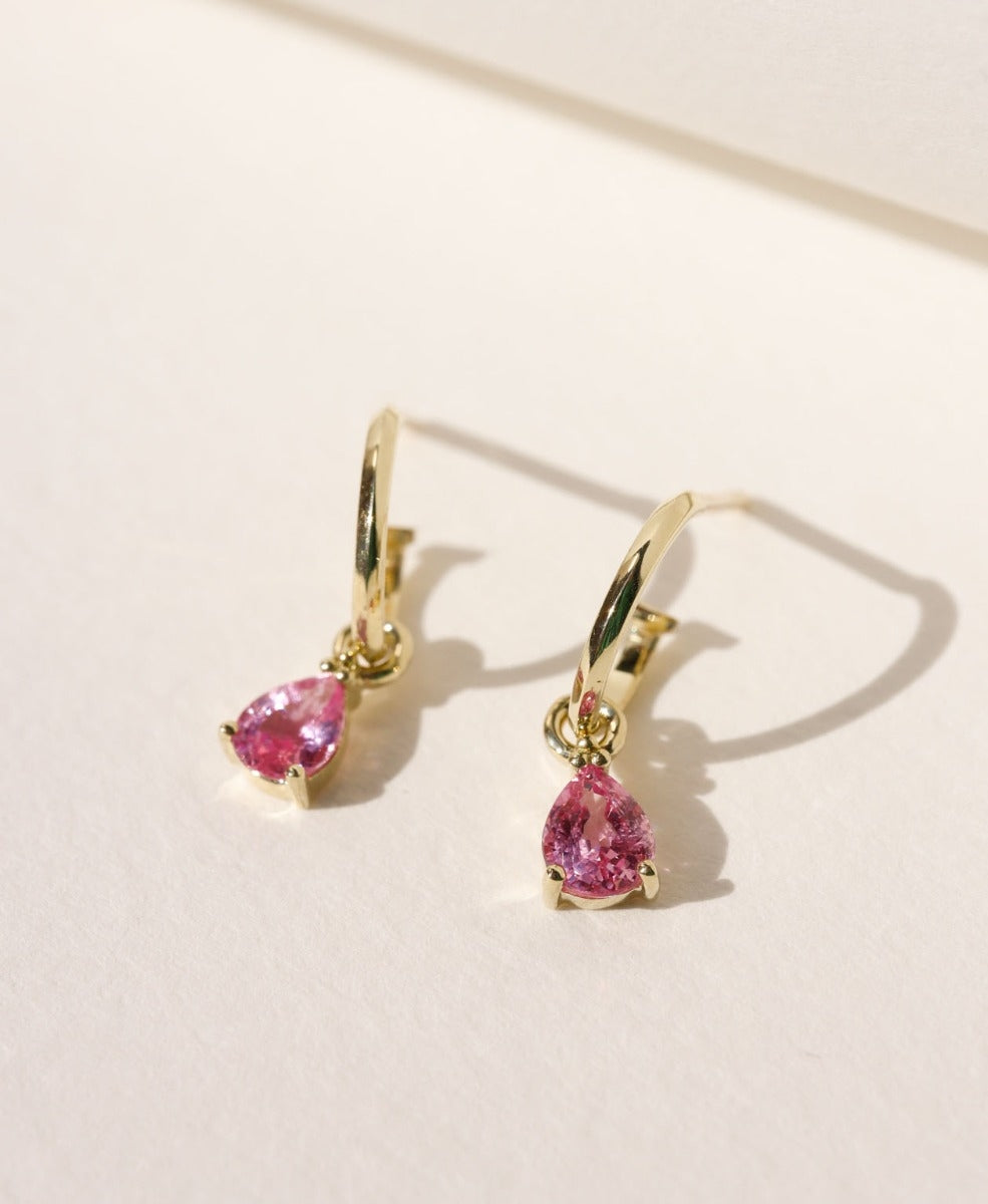 Dew Drop Hoops - 9k Yellow Gold, Pink Sapphire