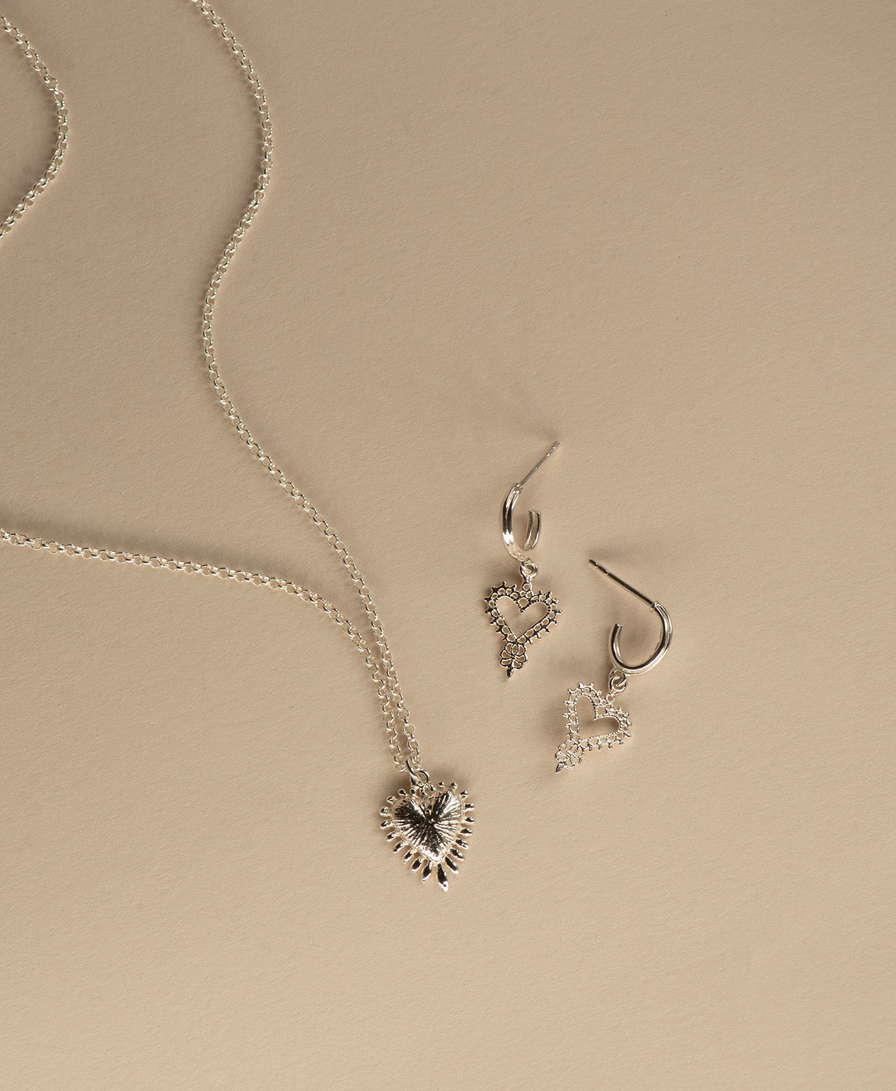 Mini Heart Hoops & Mini Heart Ray Necklace Gift Set - 925 Sterling Silver