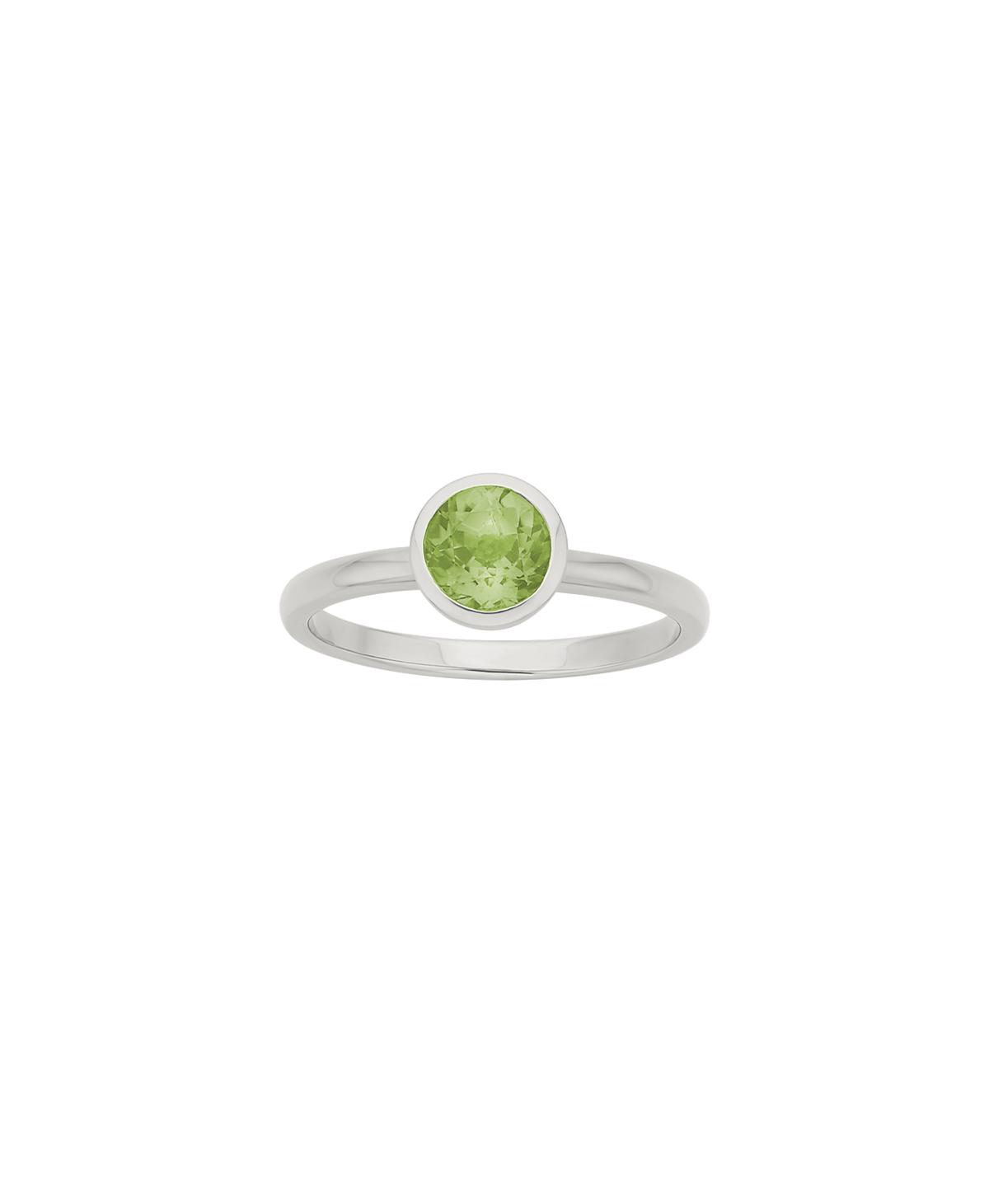 A clearcut of the silver Mon Petit Stacker Ring with a bezel set, round cut Peridot.