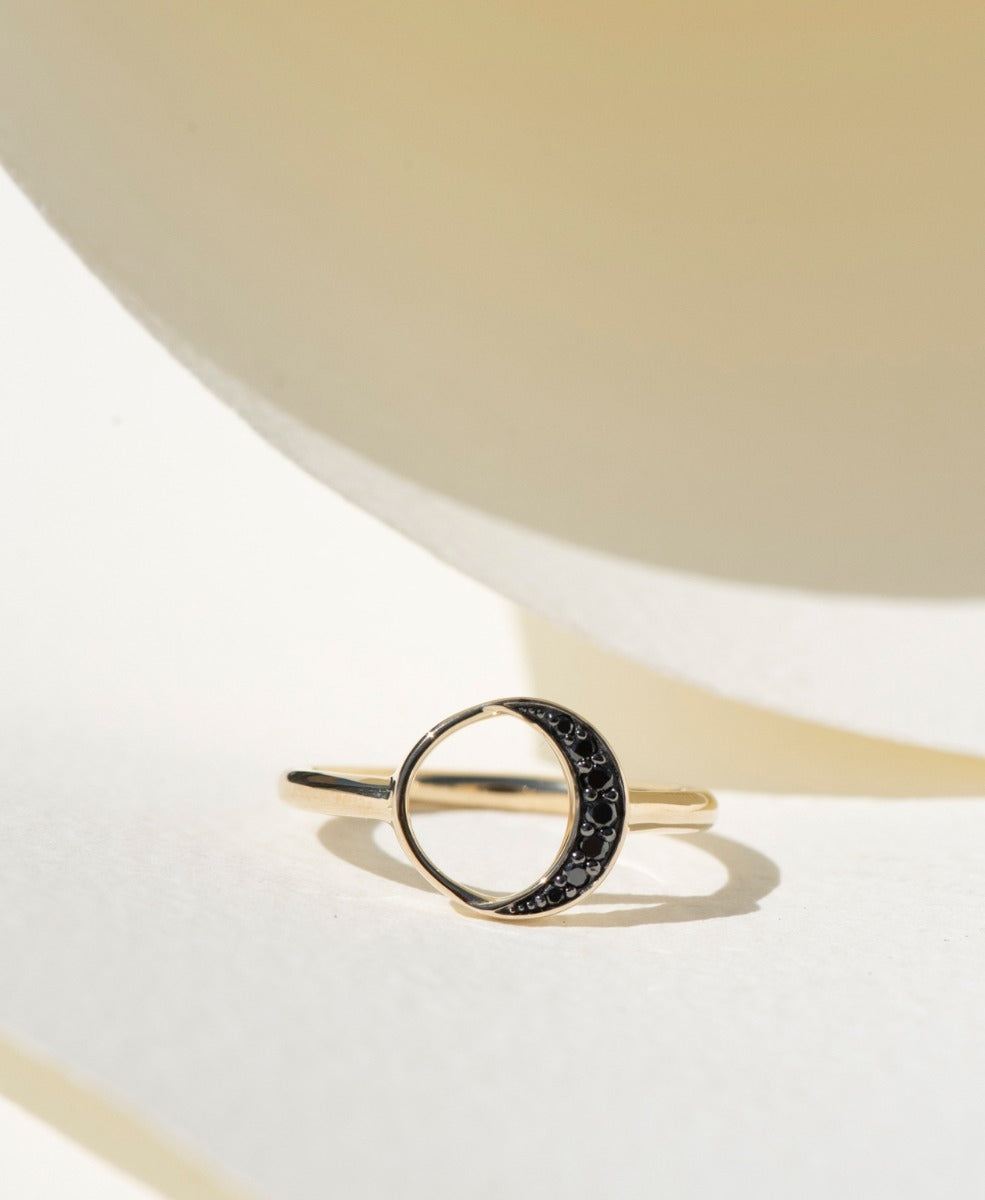 New Moon Ring - 9k Yellow Gold, Black Diamond