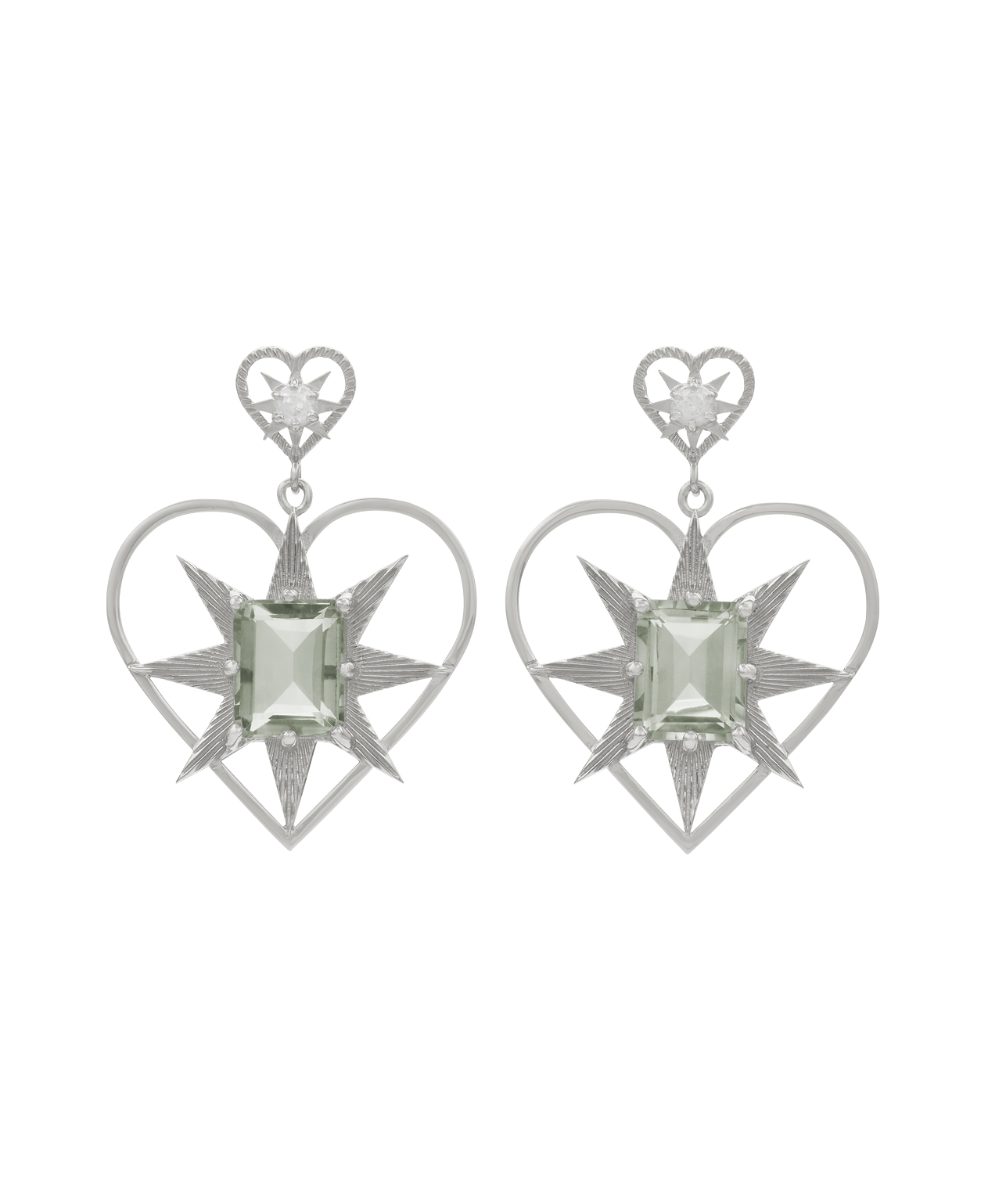 Shining Heart Earrings - 925 Sterling Silver, Green Amethyst