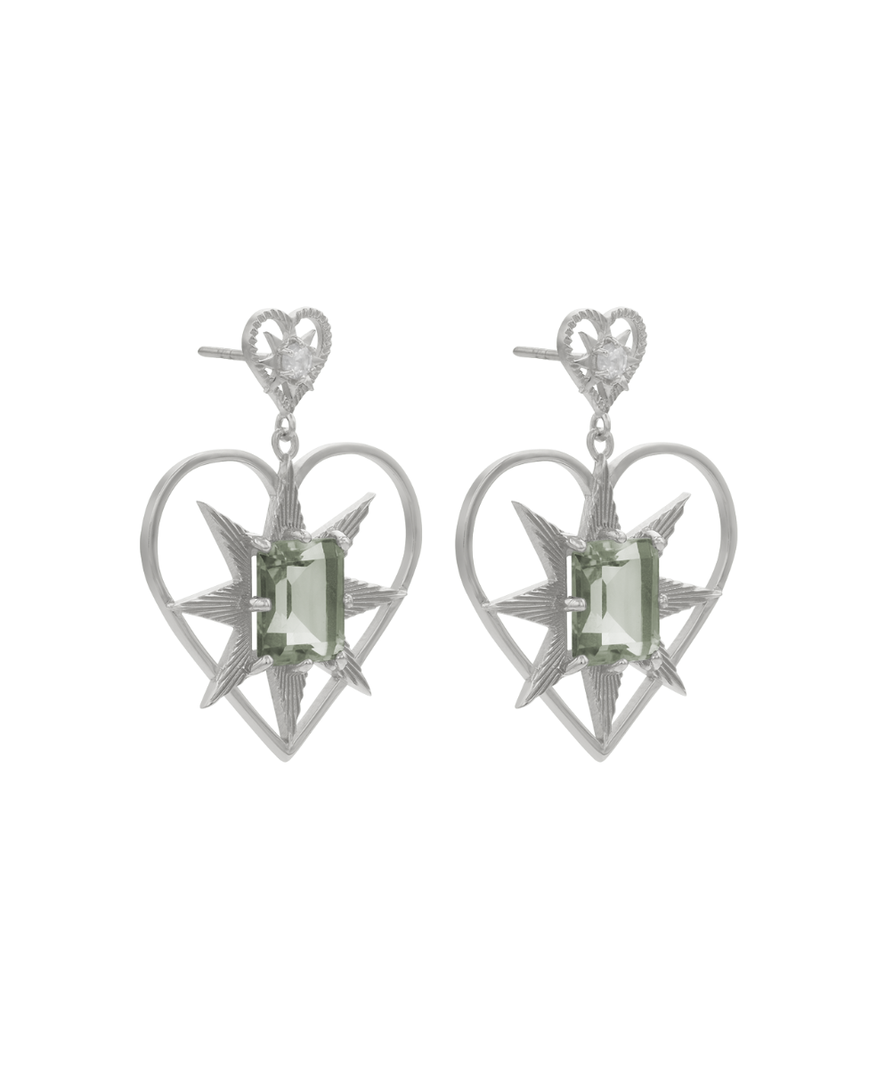 Shining Heart Earrings - 925 Sterling Silver, Green Amethyst