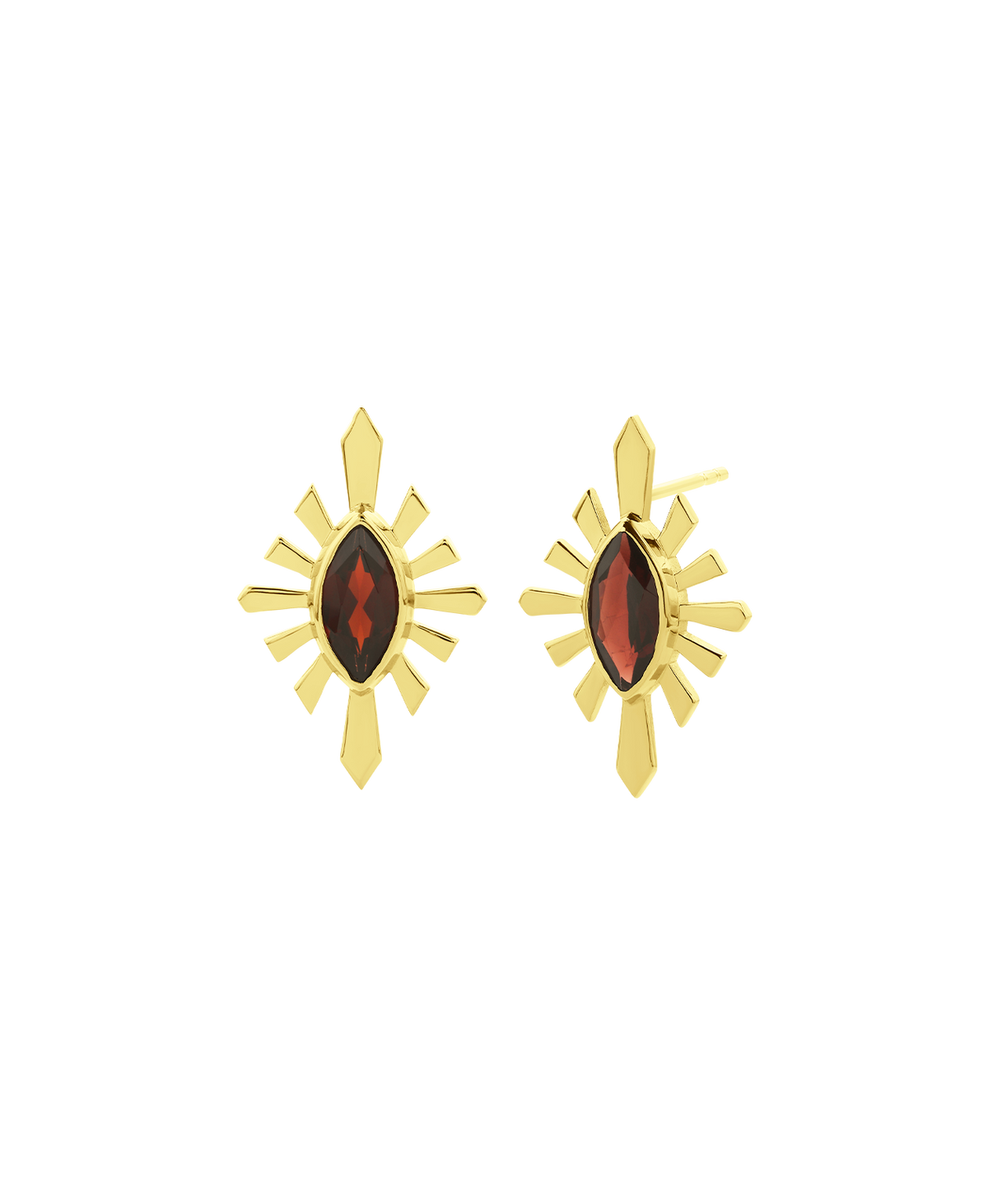 A clear cut of the Sister Studs, featuring a marquise cut garnet in a gold linear sunburst frame. 