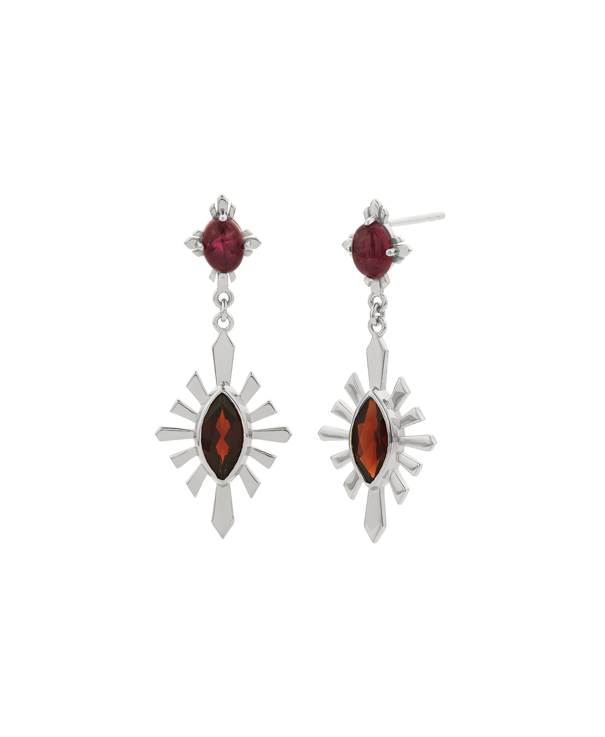 A clearcut of the silver Sisterhood Earring, featuring a cabochon cut pink Tourmaline is set within a linear border, paired with a marquise cut Garnet with a sunburst frame.