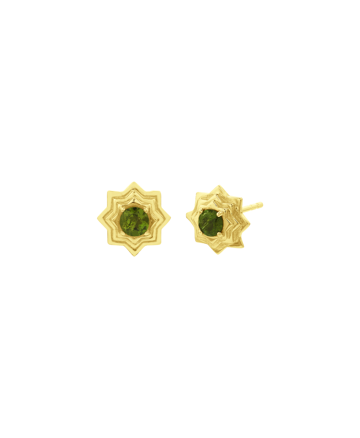 A clearcut of the Sitara Studs, a gold star-like stud with a central green stone. 