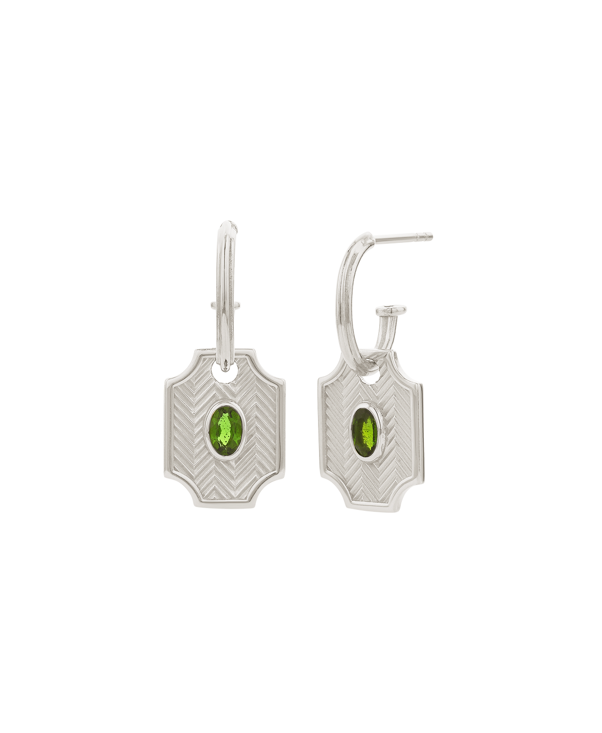 A lear cut of the Soul Sister Hoops, featuring a textured silver pendant with a central green stone on a hoop.