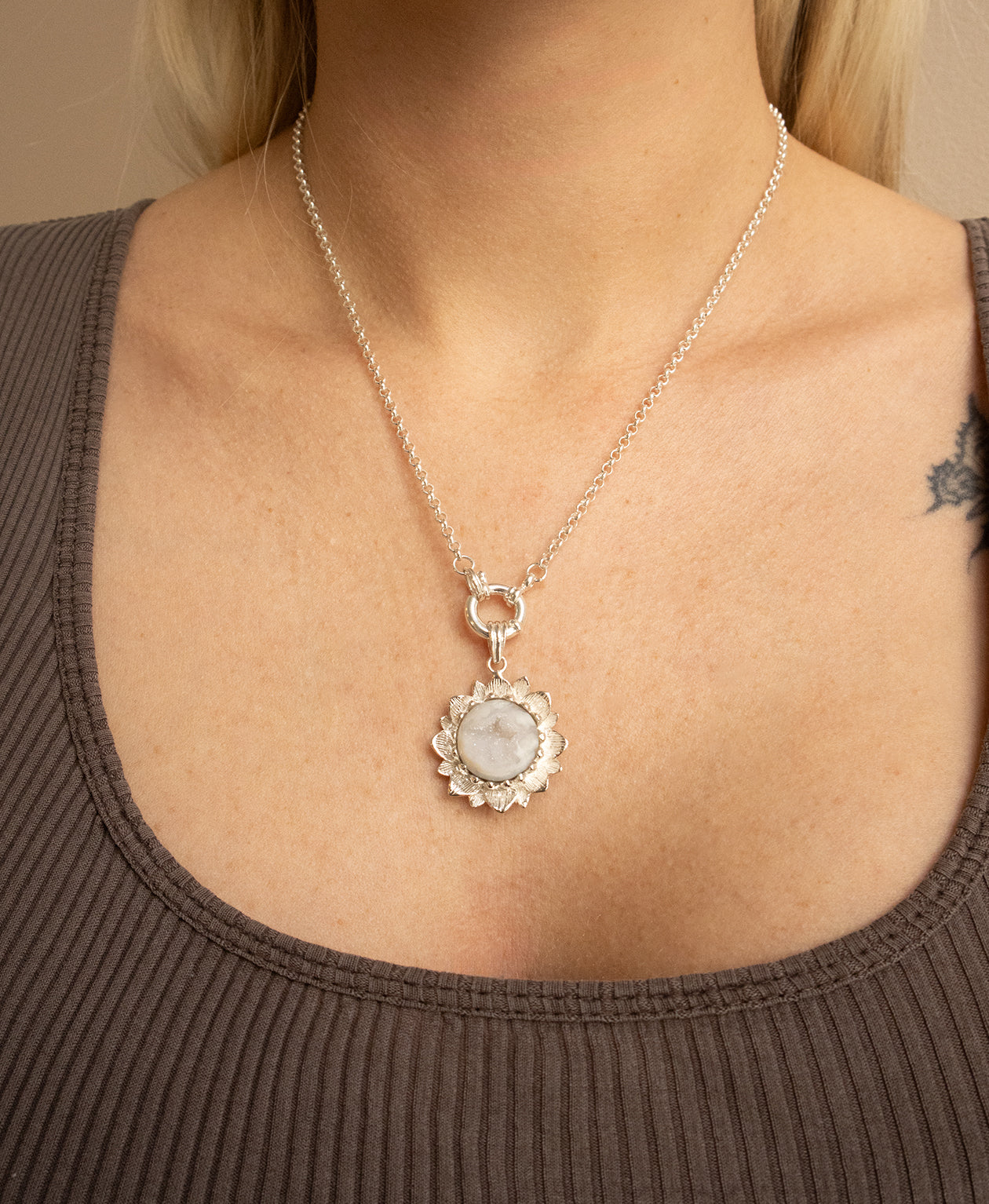Elise Charm - 925 Sterling Silver, White Druzy Agate